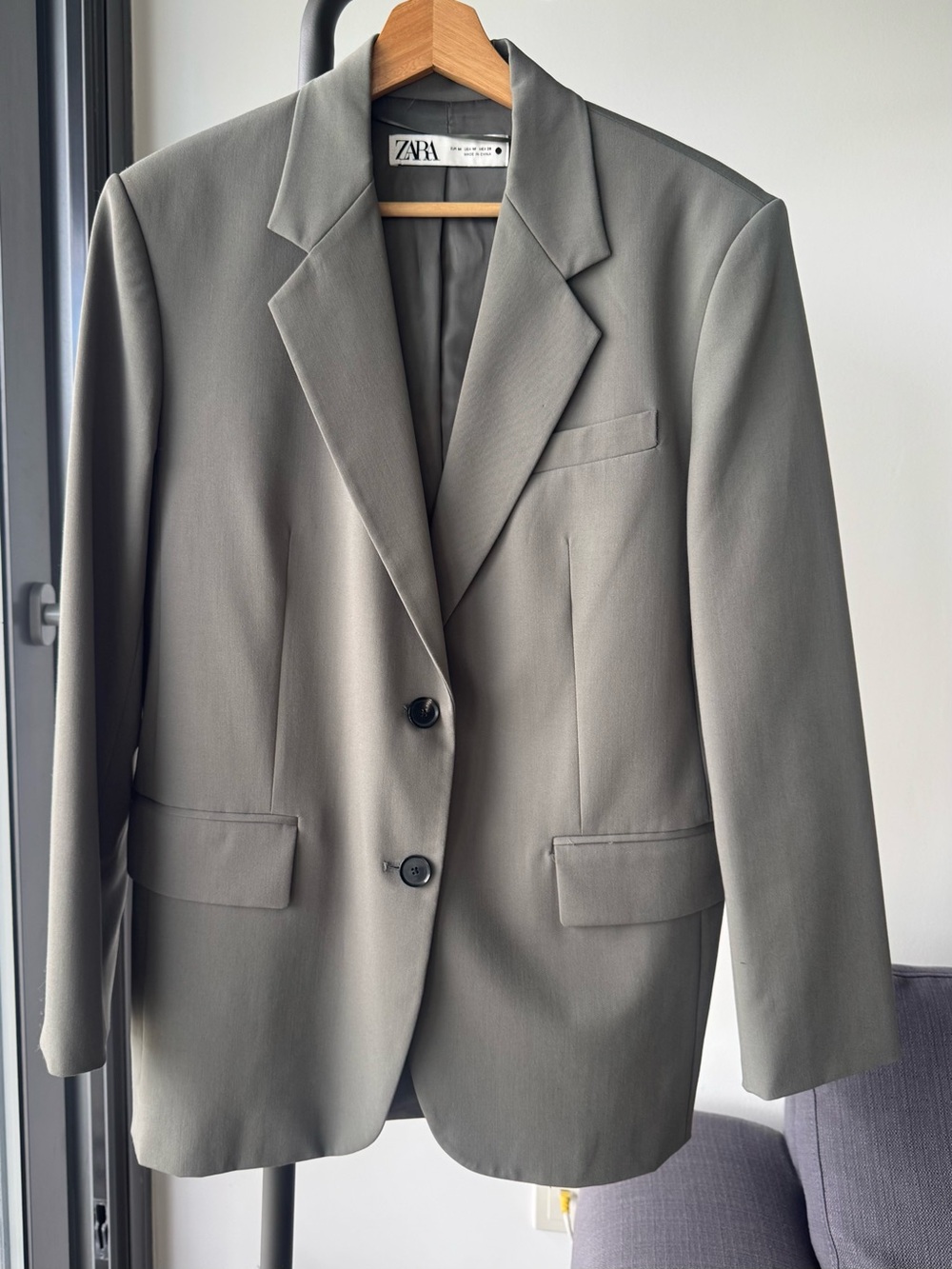 Zara Olive Gray Single-Breasted Blazer